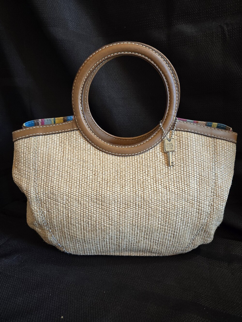 Fossil Woven Straw Tote with Brown Leather Handles NWOT